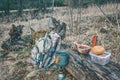 Dine outdoors while hiking. Europe. Royalty Free Stock Photo