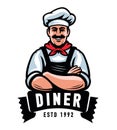 Diner emblem. Happy male chef in cook hat symbol or logo. Cooking, food preparation concept vector illustration