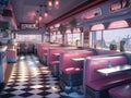 A diner with pink booths and black and white checkered floor. AI generative image. Royalty Free Stock Photo