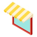 Diner window icon isometric vector. Large square window with striped canopy icon