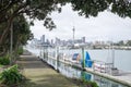 Dinghies and boats at Westhaven Marina with Auckland CBD skyline Royalty Free Stock Photo