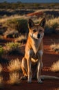 Golden Dingo Dog Sitting in Australian Outback at Sunset Royalty Free Stock Photo