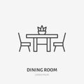 Dinig room flat line icon. Apartment furniture sign, vector illustration of dinner table and chairs. Thin linear logo