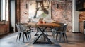 The dining area is defined by a large unfinished wooden table with geometric legs surrounded by mismatched chairs in