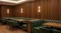 Dining area with elegant design features green tufted leather booths and matchin Royalty Free Stock Photo