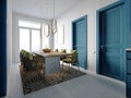 The dining area features wicker chairs and a wooden table in a trendy contemporary style with white walls and blue doors