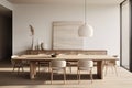 A dining area featuring a minimalist wooden table, modern dining chairs, and a statement pendant light.