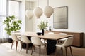 A dining area featuring a minimalist wooden table, modern dining chairs, and a statement pendant light.