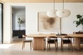 A dining area featuring a minimalist wooden table, modern dining chairs, and a statement pendant light. Royalty Free Stock Photo