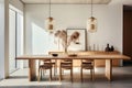 A dining area featuring a minimalist wooden table, modern dining chairs, and a statement pendant light.
