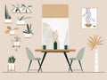 Dining Area in the kitchen or living room with table, chairs, window and plants. Vector illustration. Modern interior design. Royalty Free Stock Photo