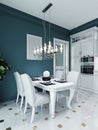 Dining area in the kitchen with a white dining table and chairs, in a classic style Royalty Free Stock Photo