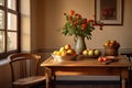 a dining area with a wooden table set for two and a bowl of fresh fruit Royalty Free Stock Photo