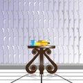 Dining composition on a decorative table, against the background of wallpaper with decorative weaving. Vector illustration.