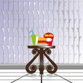 Dining composition on a decorative table, against the background of wallpaper with decorative weaving. Vector illustration.