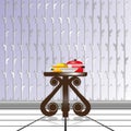 Dining composition on a decorative table, against the background of wallpaper with decorative weaving. Vector illustration.