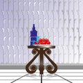 Dining composition on a decorative table, against the background of wallpaper with decorative weaving. Vector illustration.