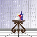 Dining composition on a decorative table, against the background of wallpaper with decorative weaving. Vector illustration.