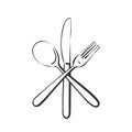 Dining cutlery, spoon, knife and fork crossed Vector linear sketch isolated, Kitchen utensils, Hand drawn black line object