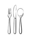Dining cutlery, spoon, knife and fork Vector linear sketch isolated, Kitchen utensils, Hand drawn object in black line