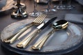 Dining elegance, knife, fork, spoon, plate set for sophisticated meals Royalty Free Stock Photo