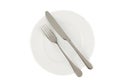 Dining etiquette - the meal is over or finished. Fork and knife signals with location of cutlery set. Photo isolated on white