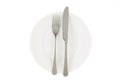 Dining etiquette - the meal is over or finished. Fork and knife signals with location of cutlery set. Photo isolated on white