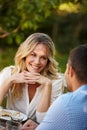 Dining with great company. a happy young couple enjoying dinner outside. Royalty Free Stock Photo