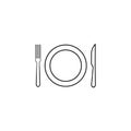 Dining line art vector icon with plate, fork and knife for apps and websites eps 10