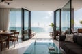 Dining and living room of luxury beach house with sea view swimming pool in modern design, Vacation home for big - Interior ing Royalty Free Stock Photo