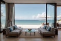 Dining and living room of luxury beach house with sea view swimming pool in modern design, Vacation home for big - Interior ing Royalty Free Stock Photo