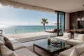 Dining and living room of luxury beach house with sea view swimming pool in modern design, Vacation home for big - Interior ing Royalty Free Stock Photo