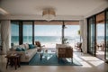 Dining and living room of luxury beach house with sea view swimming pool in modern design, Vacation home for big - Interior ing Royalty Free Stock Photo