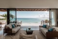 Dining and living room of luxury beach house with sea view swimming pool in modern design, Vacation home for big - Interior ing Royalty Free Stock Photo