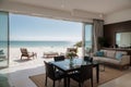 Dining and living room of luxury beach house with sea view swimming pool in modern design, Vacation home for big - Interior ing Royalty Free Stock Photo