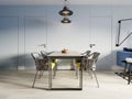 Dining metal table with decor and four designer wicker chairs. Scandinavian interior design, nordic style