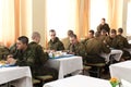 Dining room in armiyu. What to eat military. Real photo from the army, about the life of soldiers. Food military. Lunch a soldier Royalty Free Stock Photo