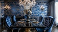 The dining room boasts a dramatic wall covered in a deep navy blue wallpaper featuring a bold damask pattern in gold and