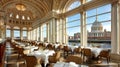 The dining room with the concept of a street cafe: large windows that open the view of the st Royalty Free Stock Photo