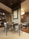 Dining room with contemporary style kitchen in dark brown studio apartments. Partition wall separating the living room and kitchen