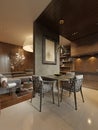 Dining room with contemporary style kitchen in dark brown studio apartments. Partition wall separating the living room and kitchen