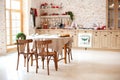 Dining room in cottage style. Outdoor dining room interior with kitchen and brick walls. Stylish kitchen interior with wooden roun Royalty Free Stock Photo