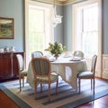 Dining room decor, interior design and house improvement, elegant table with chairs, furniture and classic blue home decor, Royalty Free Stock Photo