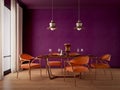 Dining room design with purple wall,orange chairs,table,lamp and wooden floor. Royalty Free Stock Photo