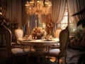 Dining room for elegant dining room and dining sets, a beautiful flower vase under candlelight, in the style of warm Royalty Free Stock Photo