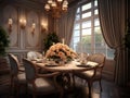 Dining room for elegant dining room and dining sets, a beautiful flower vase under candlelight, in the style of warm Royalty Free Stock Photo