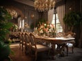 Dining room for elegant dining room and dining sets, a beautiful flower vase under candlelight, in the style of warm Royalty Free Stock Photo