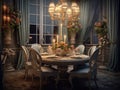 Dining room for elegant dining room and dining sets, a beautiful flower vase under candlelight, in the style of warm Royalty Free Stock Photo