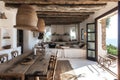 A dining room filled with natural light features a large wooden table surrounded by comfortable chairs, A rustic Mediterranean Royalty Free Stock Photo