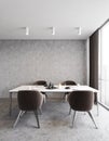 Dining room with four brown chairs and table near window, grey eating room